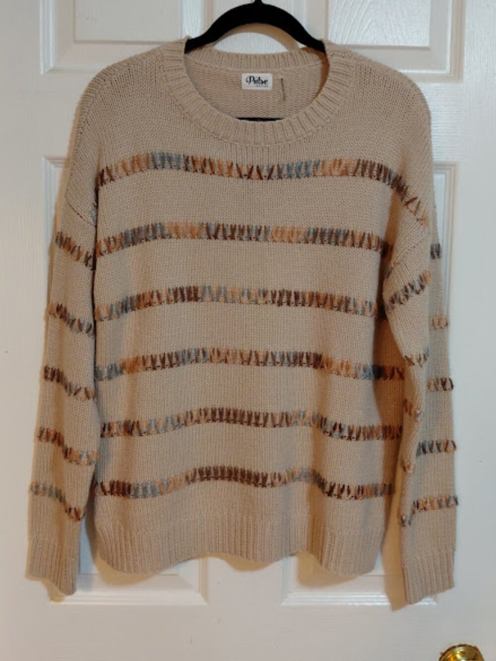 The Pulse Boutique Fall Autumn Tan/Beige & Multicolor Striped Open-Knit Sweater